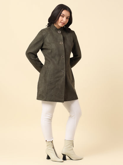 Long Coat for Women | Premium Casual Long Coat Regular Fit Mandarin Collar Velvet Fabric Solid Pattern