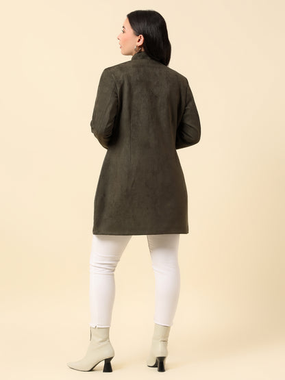 Long Coat for Women | Premium Casual Long Coat Regular Fit Mandarin Collar Velvet Fabric Solid Pattern