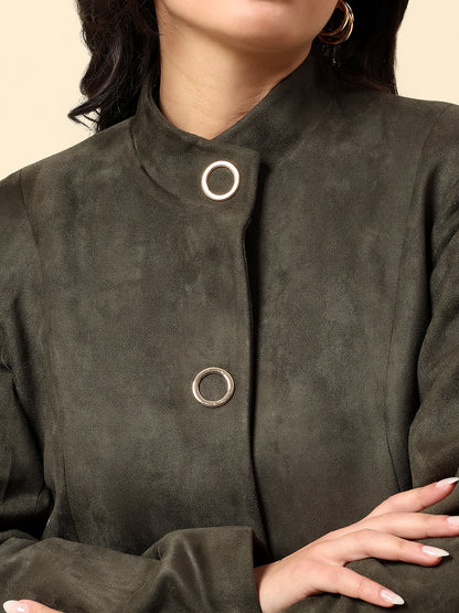 Long Coat for Women | Premium Casual Long Coat Regular Fit Mandarin Collar Velvet Fabric Solid Pattern