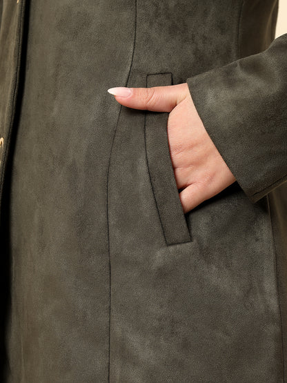 Long Coat for Women | Premium Casual Long Coat Regular Fit Mandarin Collar Velvet Fabric Solid Pattern