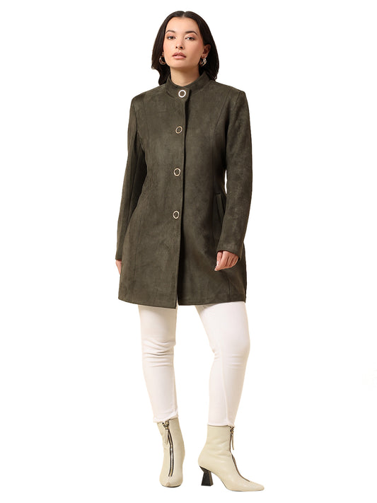 Long Coat for Women | Premium Casual Long Coat Regular Fit Mandarin Collar Velvet Fabric Solid Pattern