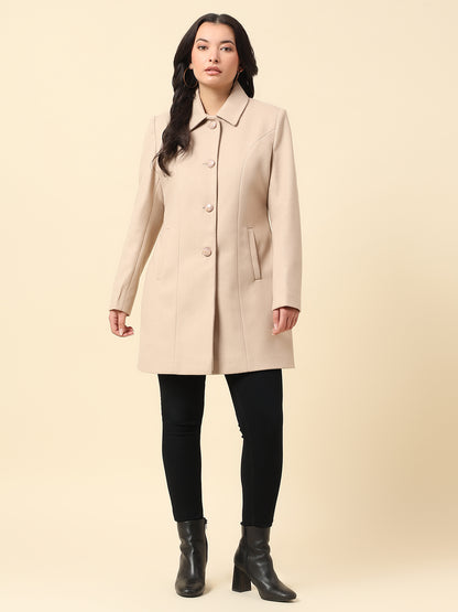 Long Coat for Women | Premium Casual Long Coat Regular Fit Spread Collar Wool Fabric Solid Pattern