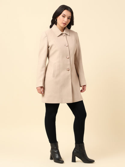 Long Coat for Women | Premium Casual Long Coat Regular Fit Spread Collar Wool Fabric Solid Pattern