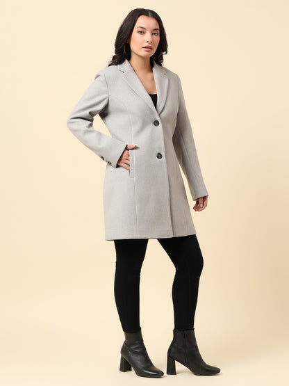 Long Coat for Women | Premium Casual Long Coat Regular Fit Notched Collar Wool Fabric Solid Pattern