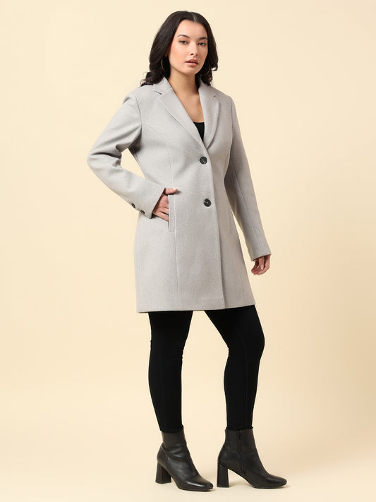 Long Coat for Women | Premium Casual Long Coat Regular Fit Notched Collar Wool Fabric Solid Pattern
