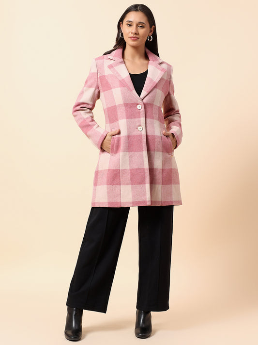 Long Coat for Women l Premium Casual Long Coat Regular Fit Notched Collar Tweed Fabric Checkered Pattern
