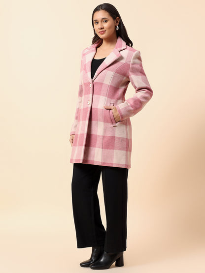 Long Coat for Women l Premium Casual Long Coat Regular Fit Notched Collar Tweed Fabric Checkered Pattern