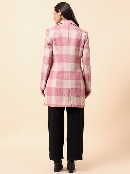 Long Coat for Women l Premium Casual Long Coat Regular Fit Notched Collar Tweed Fabric Checkered Pattern