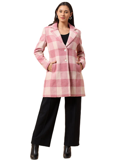 Long Coat for Women l Premium Casual Long Coat Regular Fit Notched Collar Tweed Fabric Checkered Pattern