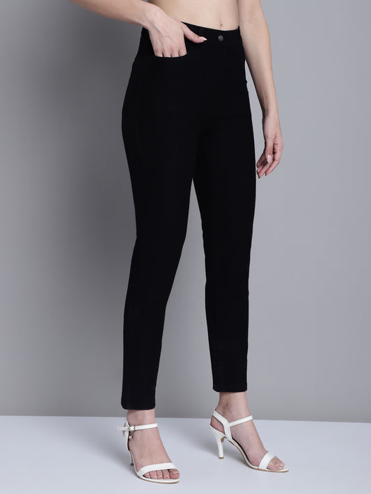 Cantabil Black Solid Cotton Blend Flat Front Mid Rise Full Length Regular Fit Casual Leggings For Women (7163135557771)