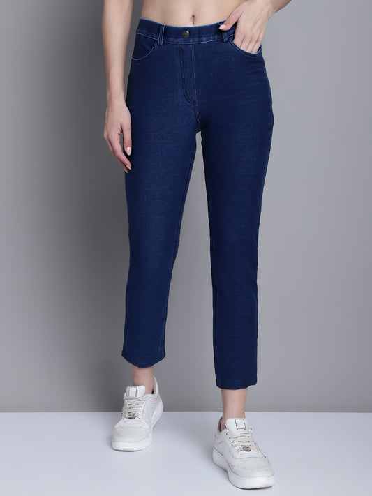 Cantabil Dark Blue Solid Cotton Blend Flat Front Mid Rise Full Length Regular Fit Casual Leggings For Women (7163135983755)