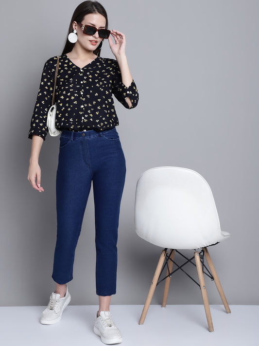 Cantabil Dark Blue Solid Cotton Blend Flat Front Mid Rise Full Length Regular Fit Casual Leggings For Women (7163135983755)