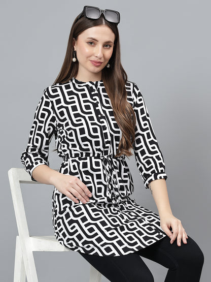 Women Black Printed Band Collar Casual Tunic