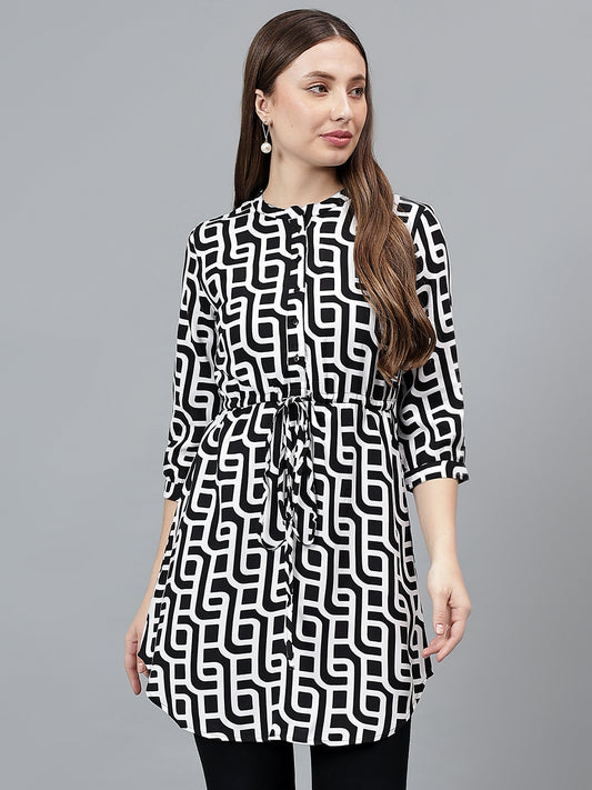 Women Black Printed Band Collar Casual Tunic