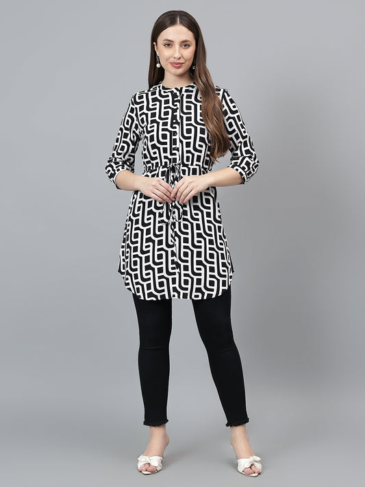 Women Black Printed Band Collar Casual Tunic