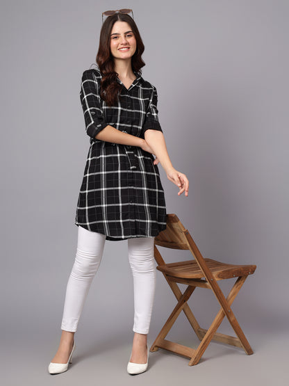 Women's Black Checkered Full Sleeves Tunic