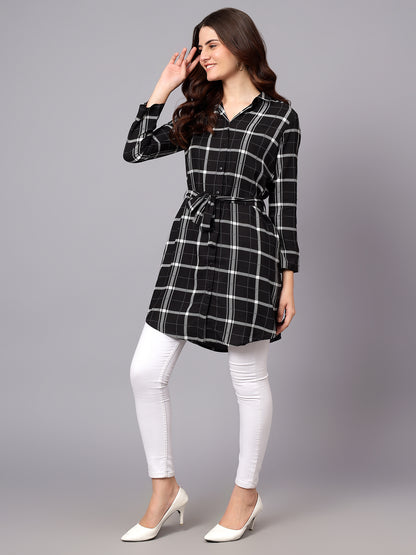 Women's Black Checkered Full Sleeves Tunic