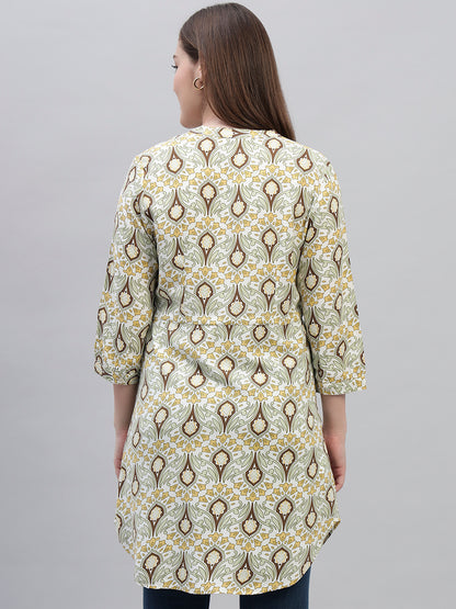Women's Green Printed 3/4th Sleeves Round Neck Casual Long Tunic