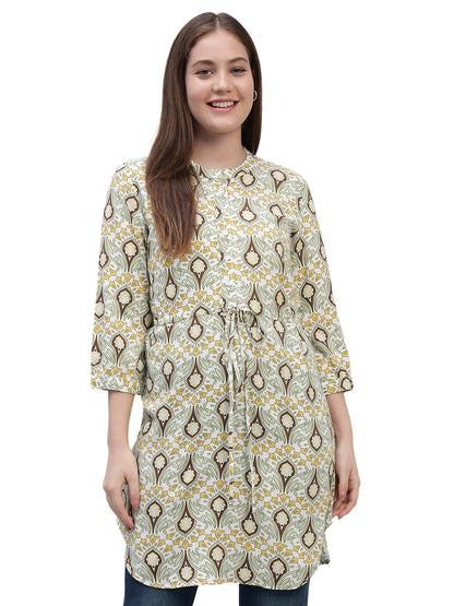 Women's Green Printed 3/4th Sleeves Round Neck Casual Long Tunic