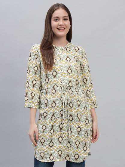 Women's Green Printed 3/4th Sleeves Round Neck Casual Long Tunic