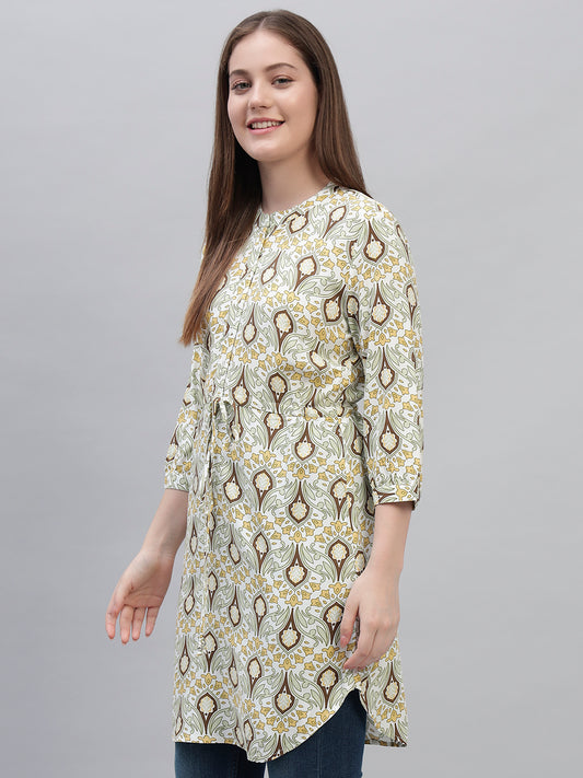 Women's Green Printed 3/4th Sleeves Round Neck Casual Long Tunic