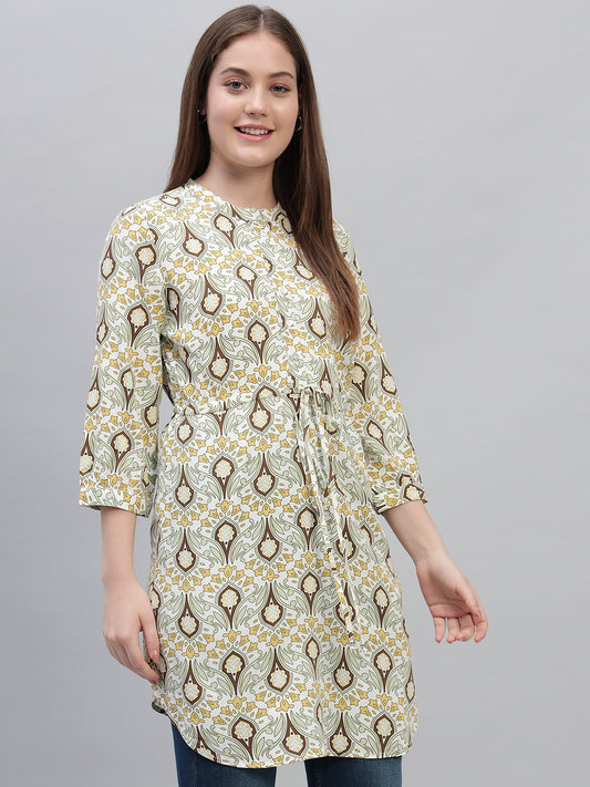 Women's Green Printed 3/4th Sleeves Round Neck Casual Long Tunic