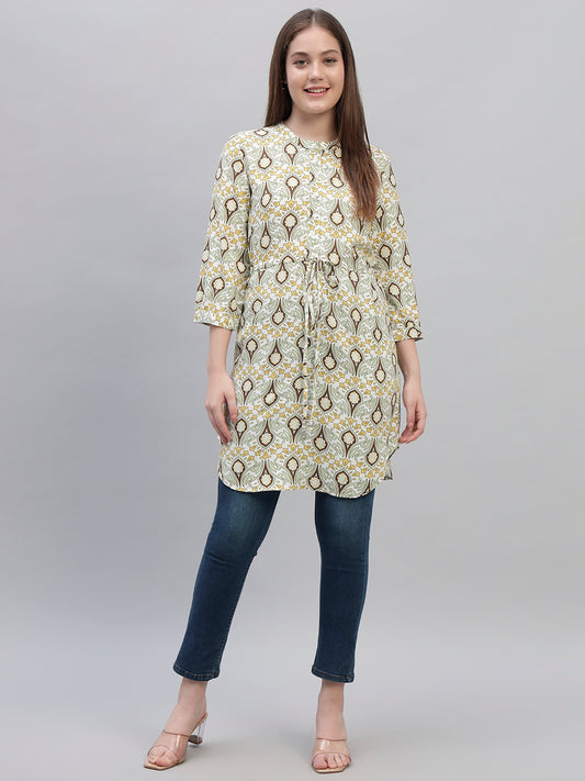 Women's Green Printed 3/4th Sleeves Round Neck Casual Long Tunic