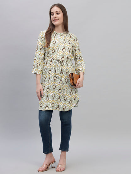 Women's Green Printed 3/4th Sleeves Round Neck Casual Long Tunic