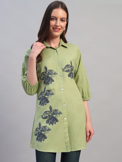Women Light Green Solid 3/4th Sleeves Casual Long Tunic