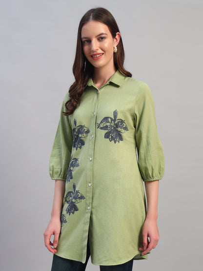 Women Light Green Solid 3/4th Sleeves Casual Long Tunic