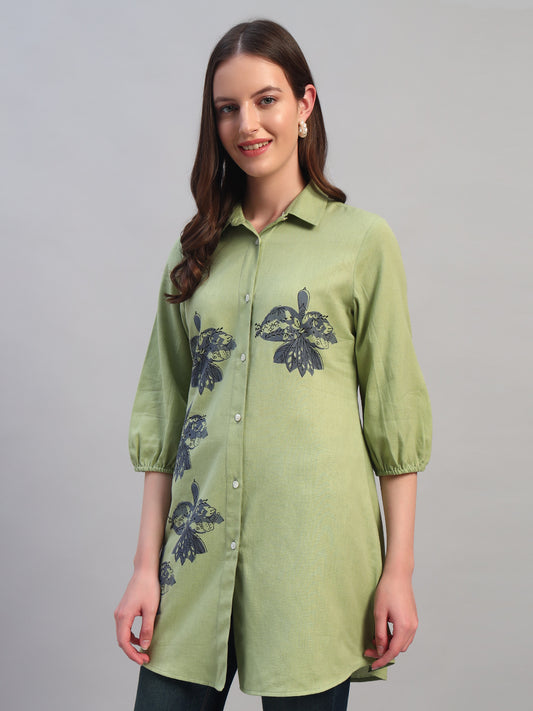 Women Light Green Solid 3/4th Sleeves Casual Long Tunic