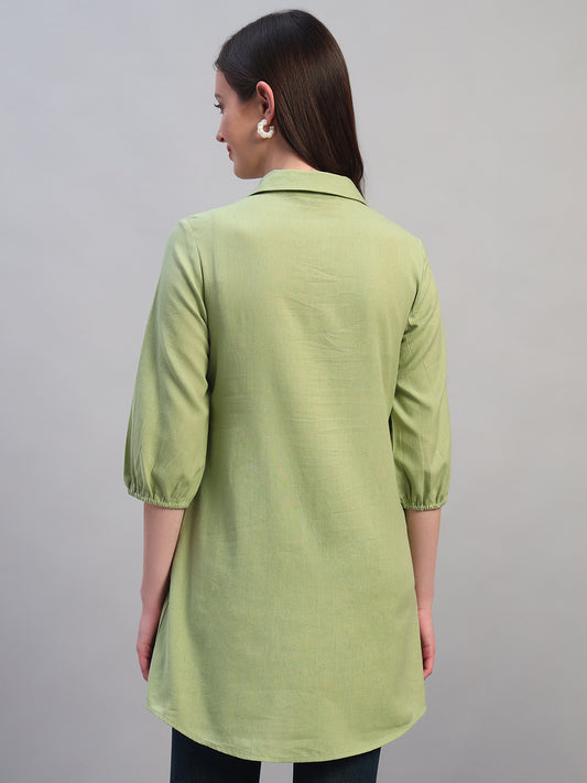 Women Light Green Solid 3/4th Sleeves Casual Long Tunic