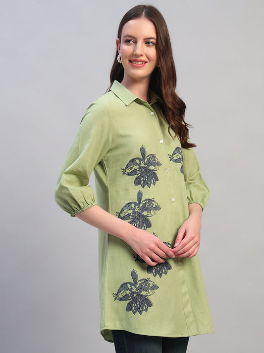 Women Light Green Solid 3/4th Sleeves Casual Long Tunic