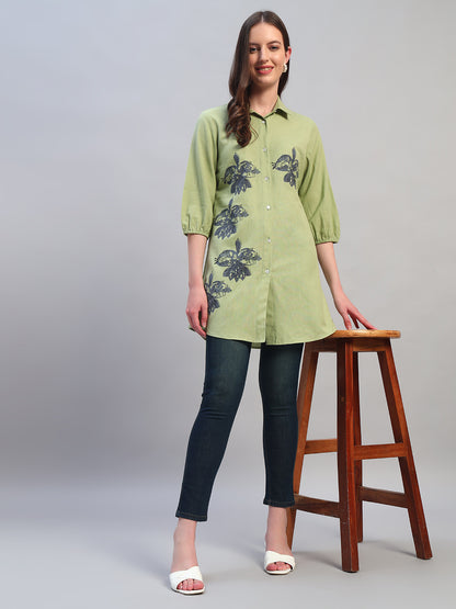 Women Light Green Solid 3/4th Sleeves Casual Long Tunic