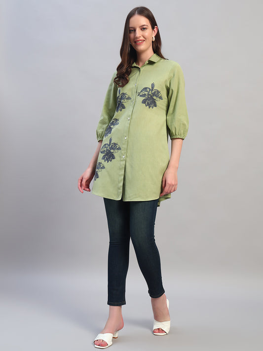 Women Light Green Solid 3/4th Sleeves Casual Long Tunic