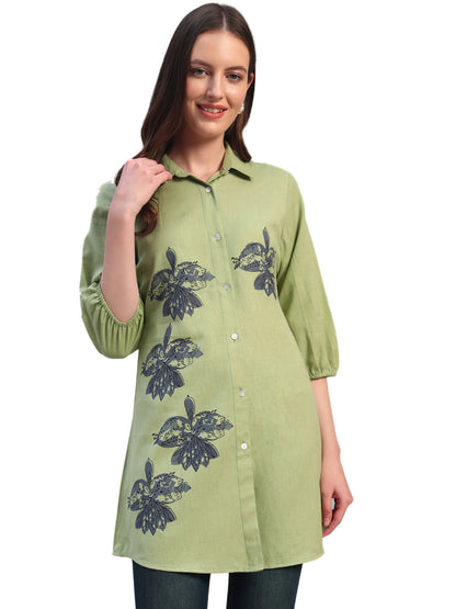 Women Light Green Solid 3/4th Sleeves Casual Long Tunic