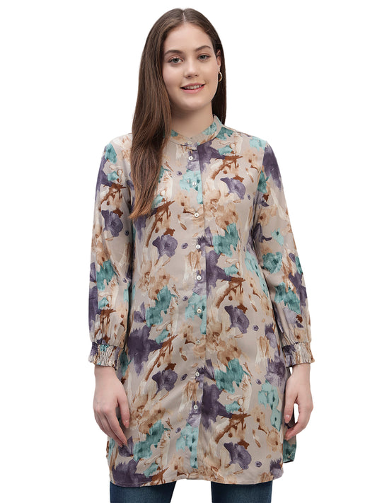 Women's Multi Printed Full Sleeves Round Neck Casual Long Tunic
