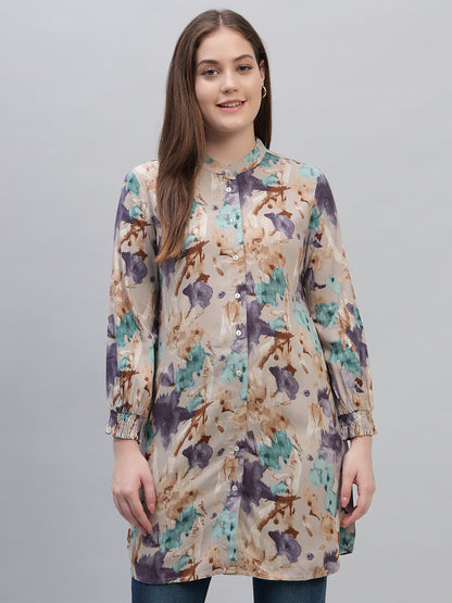 Women's Multi Printed Full Sleeves Round Neck Casual Long Tunic