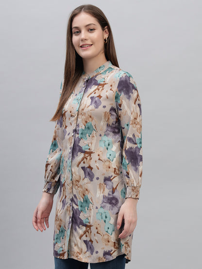 Women's Multi Printed Full Sleeves Round Neck Casual Long Tunic