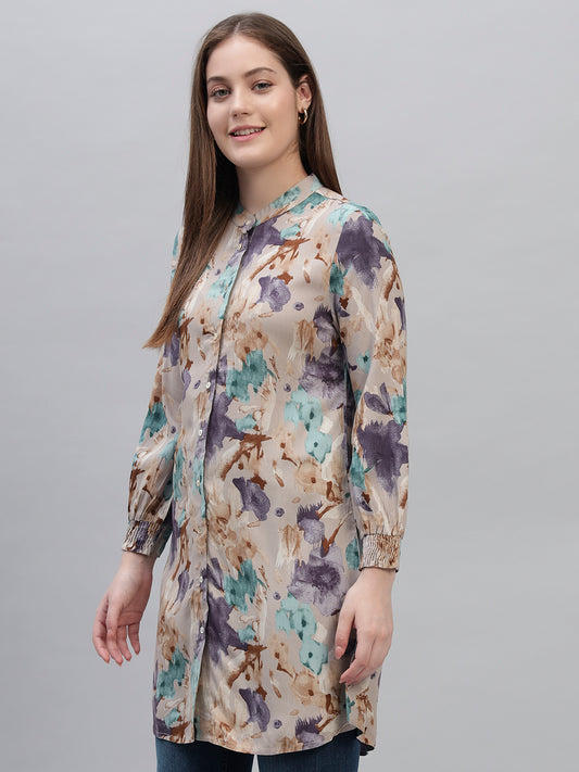 Women's Multi Printed Full Sleeves Round Neck Casual Long Tunic