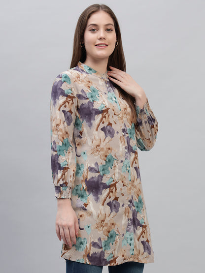 Women's Multi Printed Full Sleeves Round Neck Casual Long Tunic