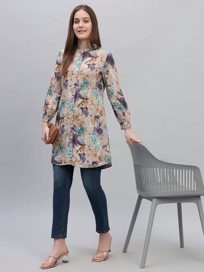 Women's Multi Printed Full Sleeves Round Neck Casual Long Tunic