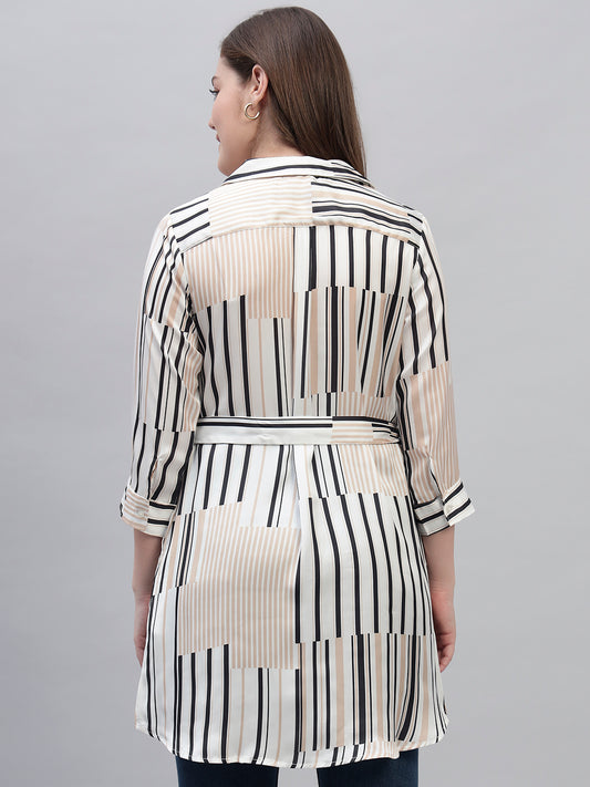 Women's Off White Striped 3/4th Sleeves Spread Collar Casual Long Tunic