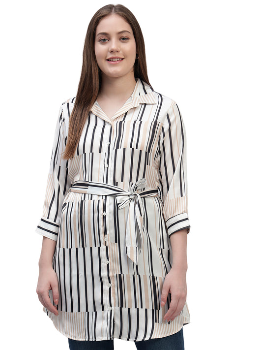 Women's Off White Striped 3/4th Sleeves Spread Collar Casual Long Tunic