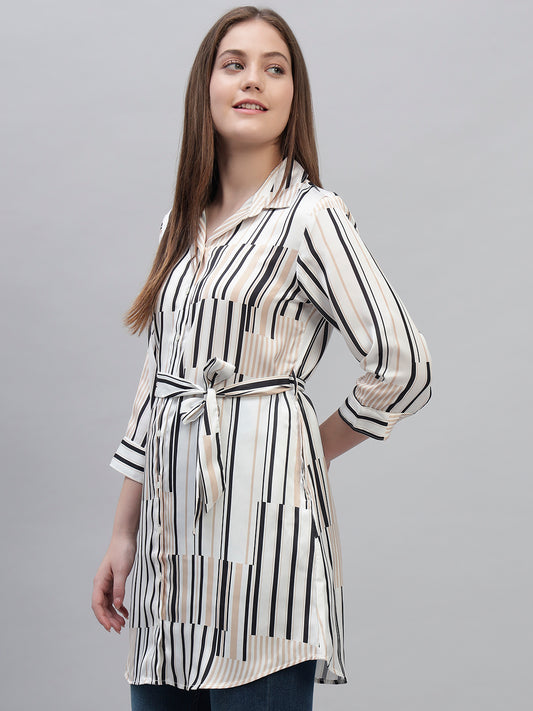 Women's Off White Striped 3/4th Sleeves Spread Collar Casual Long Tunic