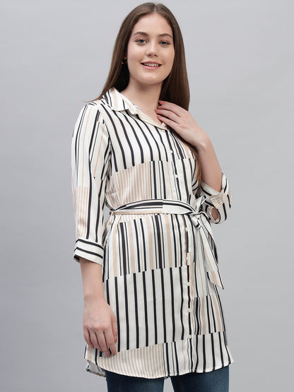 Women's Off White Striped 3/4th Sleeves Spread Collar Casual Long Tunic