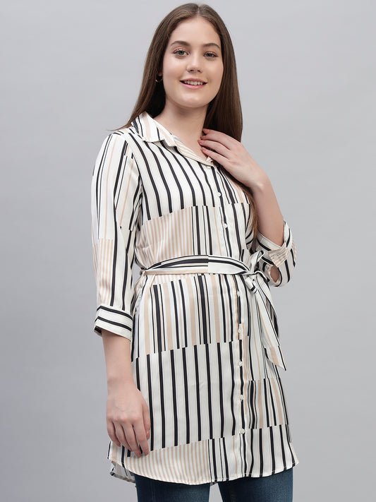 Women's Off White Striped 3/4th Sleeves Spread Collar Casual Long Tunic