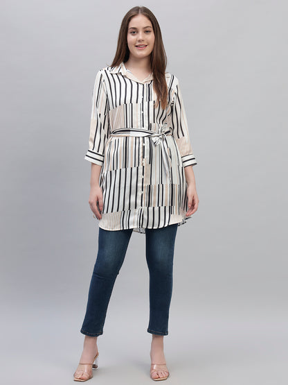 Women's Off White Striped 3/4th Sleeves Spread Collar Casual Long Tunic