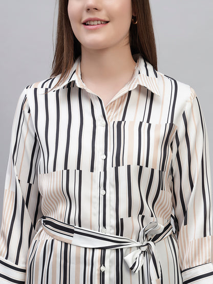 Women's Off White Striped 3/4th Sleeves Spread Collar Casual Long Tunic