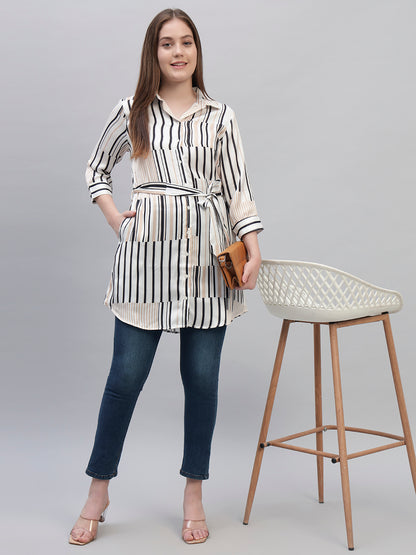 Women's Off White Striped 3/4th Sleeves Spread Collar Casual Long Tunic